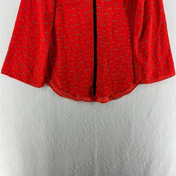 Libby Edelman Blouse Women's Sz XS Red Bee Print Tasseled Tie Front Flowy - Picture 7 of 12